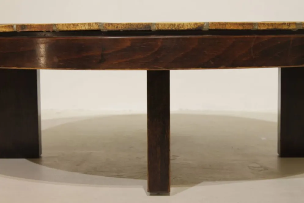Table basse ronde herbier Roger Capron, Vallauris - céramique et structure en bois