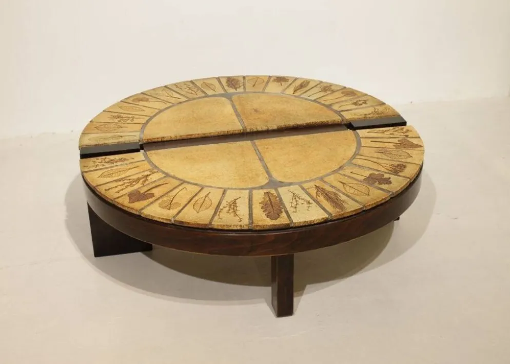 Table basse ronde herbier Roger Capron, Vallauris - céramique et structure en bois