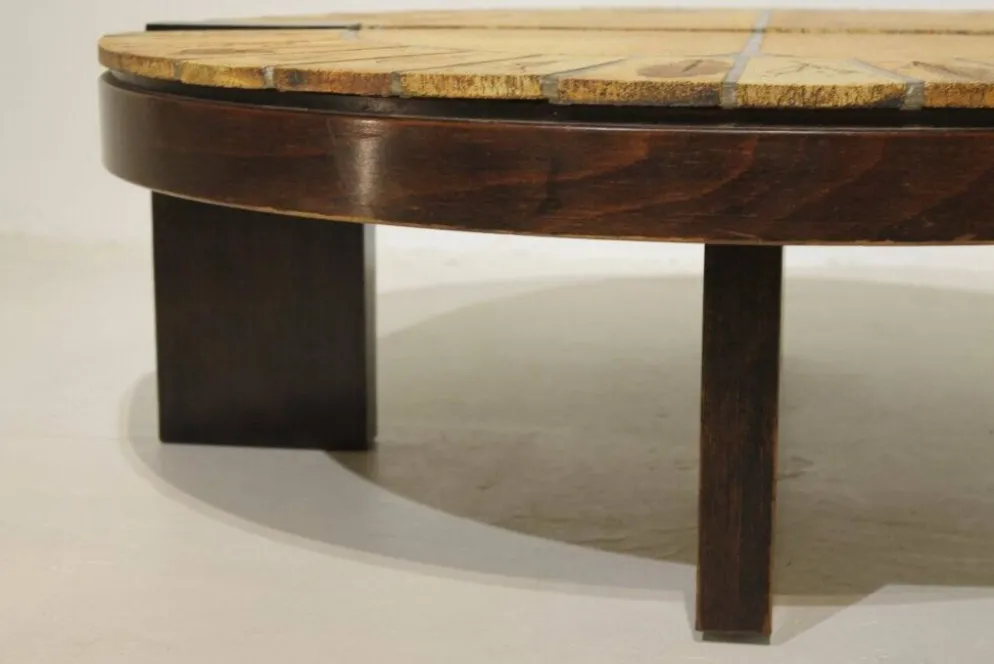 Table basse ronde herbier Roger Capron, Vallauris - céramique et structure en bois