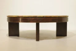 Table basse ronde herbier Roger Capron, Vallauris - céramique et structure en bois