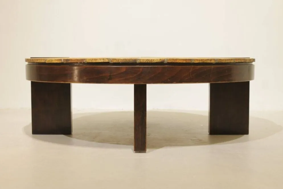 Table basse ronde herbier Roger Capron, Vallauris - céramique et structure en bois