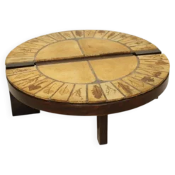 Table basse ronde herbier Roger Capron, Vallauris - céramique et structure en bois