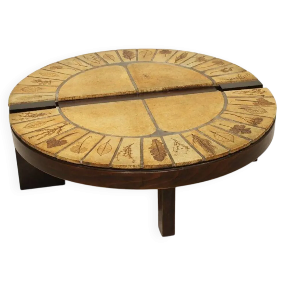 Table basse ronde herbier Roger Capron, Vallauris - céramique et structure en bois