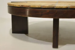 Table basse ronde herbier Roger Capron, Vallauris - céramique et structure en bois