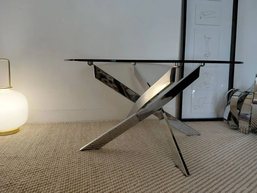 Table basse ronde Space Age acier chromé, verre, piètement hélice 70s