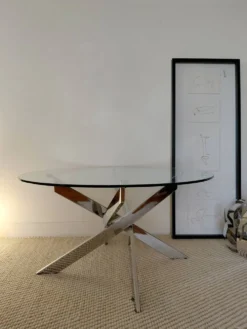 Table basse ronde Space Age acier chromé, verre, piètement hélice 70s