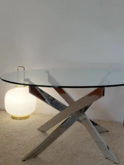 Table basse ronde Space Age acier chromé, verre, piètement hélice 70s