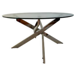 Table basse ronde Space Age acier chromé, verre, piètement hélice 70s