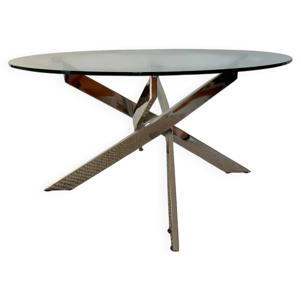 Table basse ronde Space Age acier chromé, verre, piètement hélice 70s
