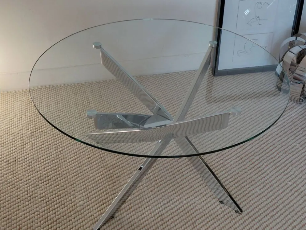 Table basse ronde Space Age acier chromé, verre, piètement hélice 70s