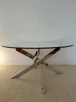 Table basse ronde Space Age acier chromé, verre, piètement hélice 70s
