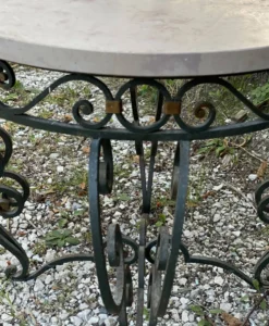 Table basse ronde vintage 1950 fer forgé et marbre
