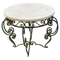 Table basse ronde vintage 1950 fer forgé et marbre
