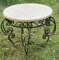 Table basse ronde vintage 1950 fer forgé et marbre
