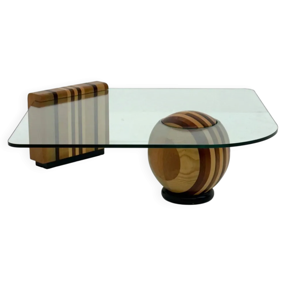 Table basse sculpturale italienne avec base en bois géométrique