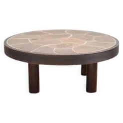 Table basse signée Barrois, table bois et grès décor végétal, France, déco intérieure