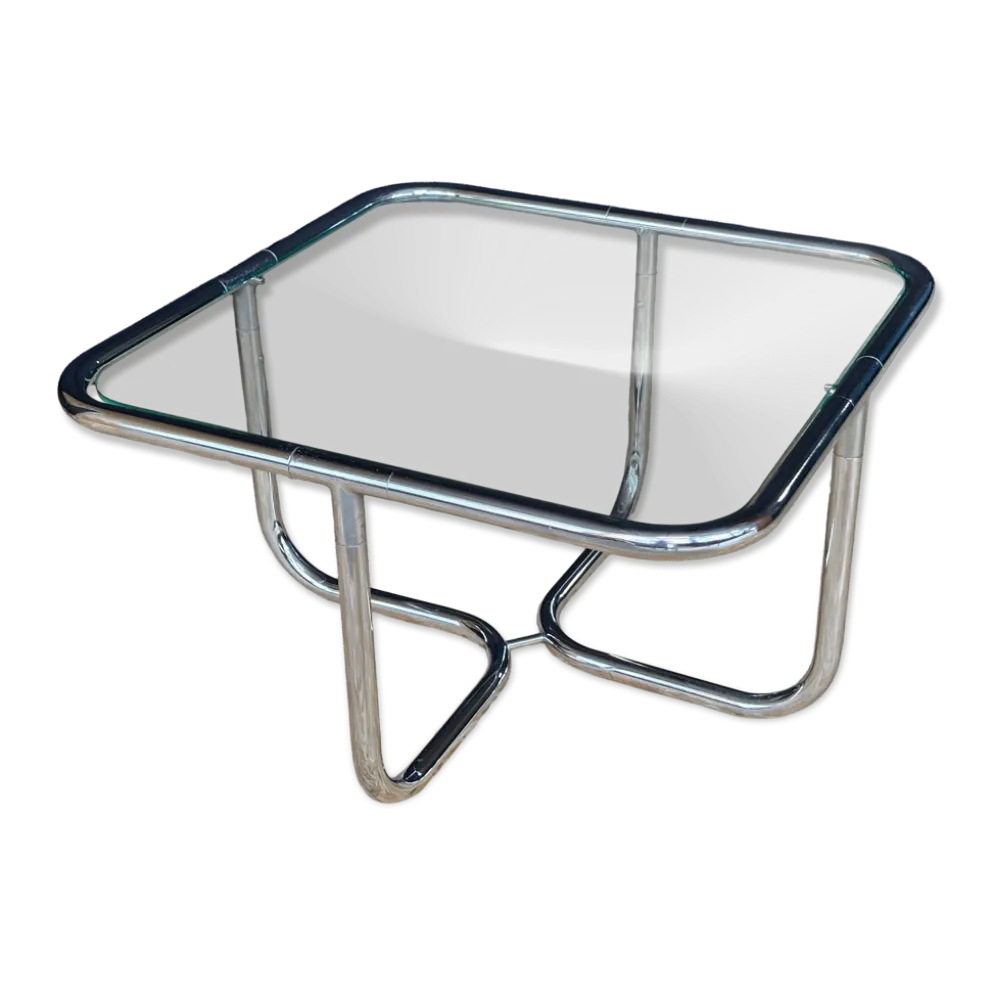 Table basse Space Age vintage années 70 – chrome tubulaire & verre