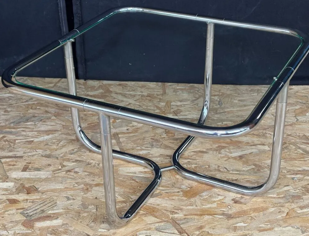 Table basse Space Age vintage années 70 – chrome tubulaire & verre