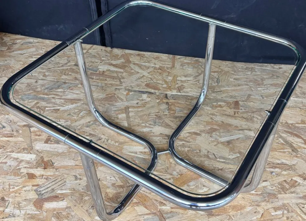 Table basse Space Age vintage années 70 – chrome tubulaire & verre