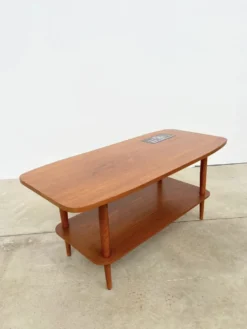 Table basse teck double plateau insert céramique — Scandinave, années 60