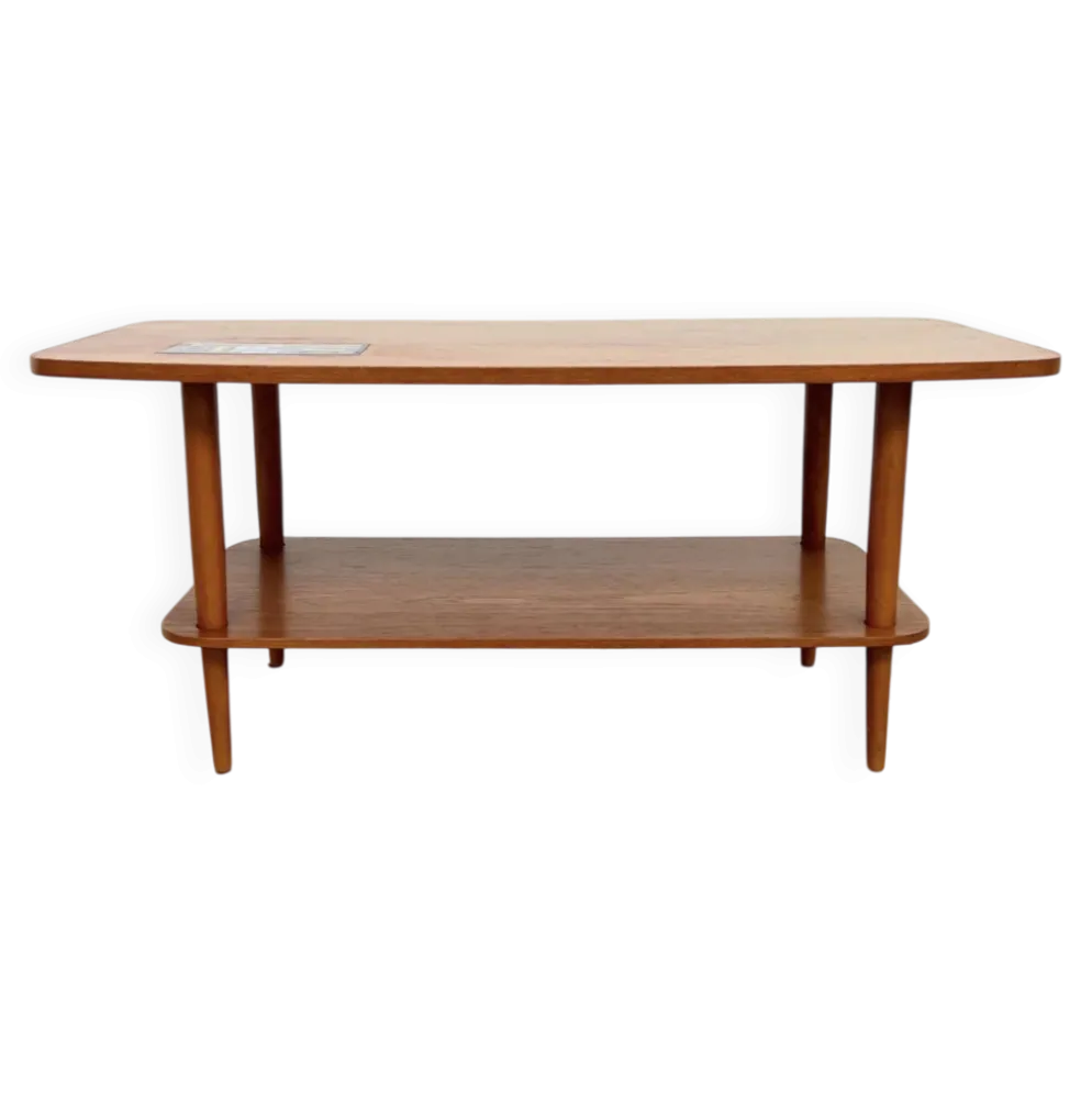 Table basse teck double plateau insert céramique — Scandinave, années 60
