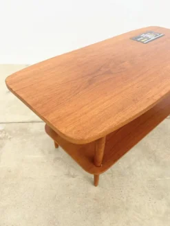 Table basse teck double plateau insert céramique — Scandinave, années 60