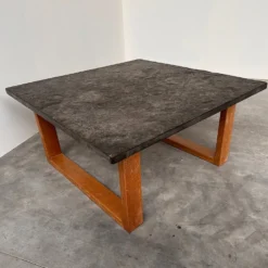 Table basse vintage en ardoise belge et chêne, années 1970