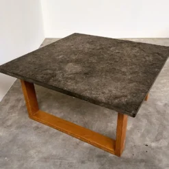 Table basse vintage en ardoise belge et chêne, années 1970