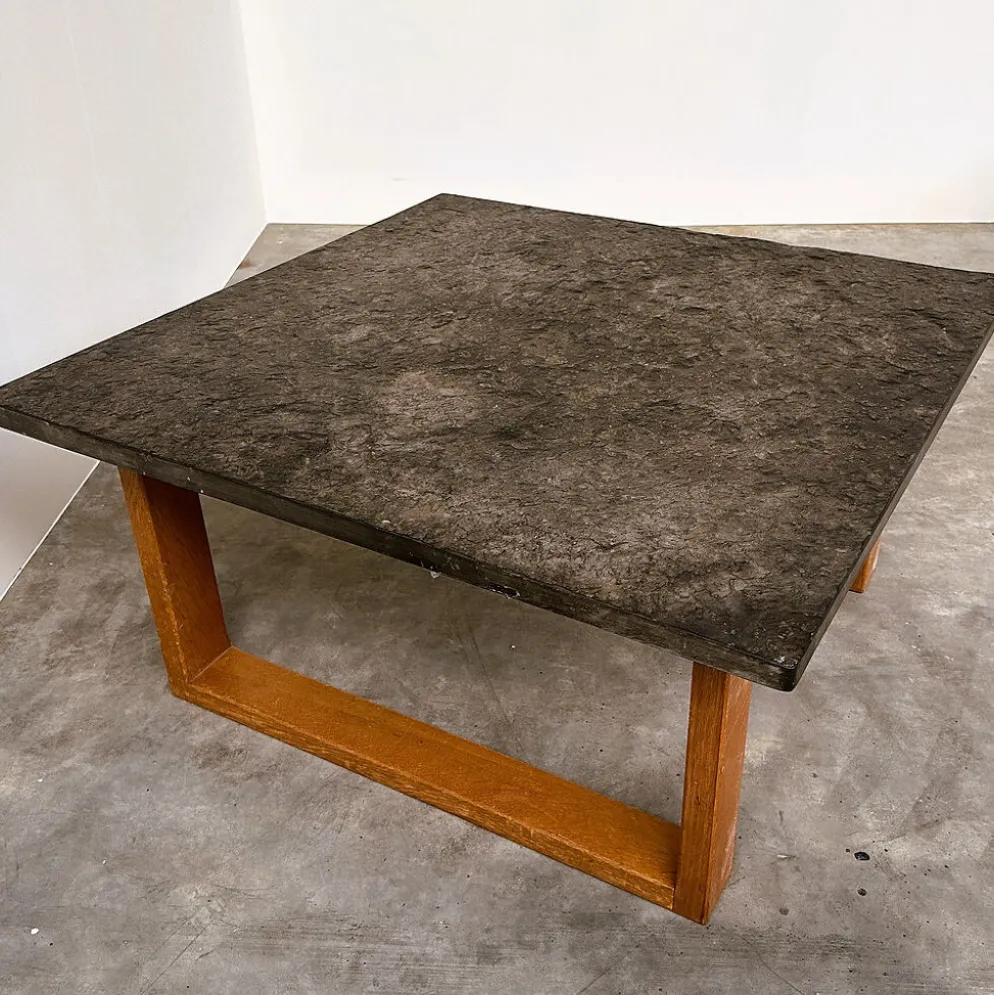 Table basse vintage en ardoise belge et chêne, années 1970