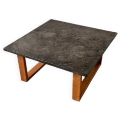 Table basse vintage en ardoise belge et chêne, années 1970