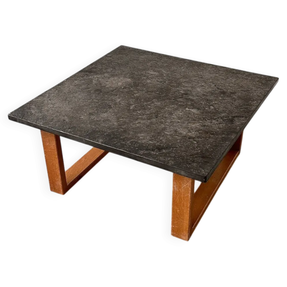 Table basse vintage en ardoise belge et chêne, années 1970