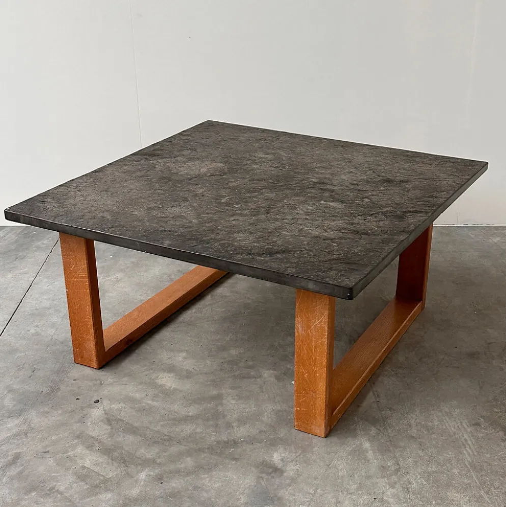 Table basse vintage en ardoise belge et chêne, années 1970