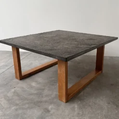 Table basse vintage en ardoise belge et chêne, années 1970
