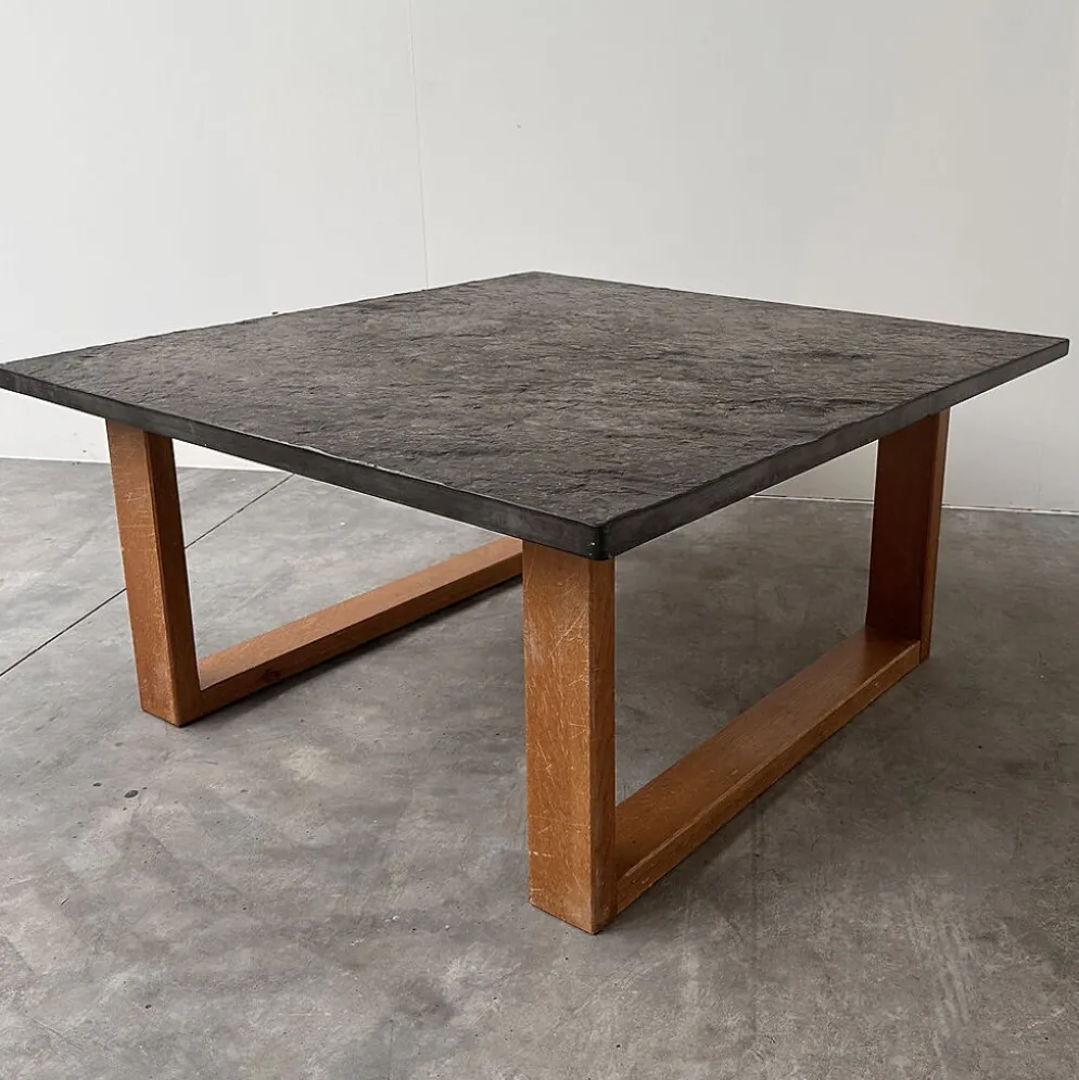 Table basse vintage en ardoise belge et chêne, années 1970