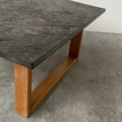 Table basse vintage en ardoise belge et chêne, années 1970