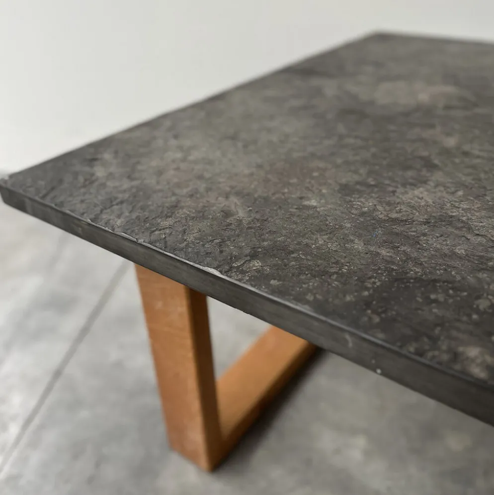 Table basse vintage en ardoise belge et chêne, années 1970