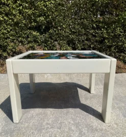 Table basse vintage en bois et céramique signée des années 70-80