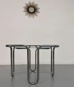 Table basse vintage en verre fumé et chrome design italien année 70
