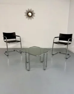 Table basse vintage en verre fumé et chrome design italien année 70