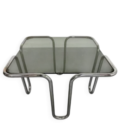 Table basse vintage en verre fumé et chrome design italien année 70