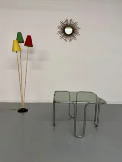 Table basse vintage en verre fumé et chrome design italien année 70
