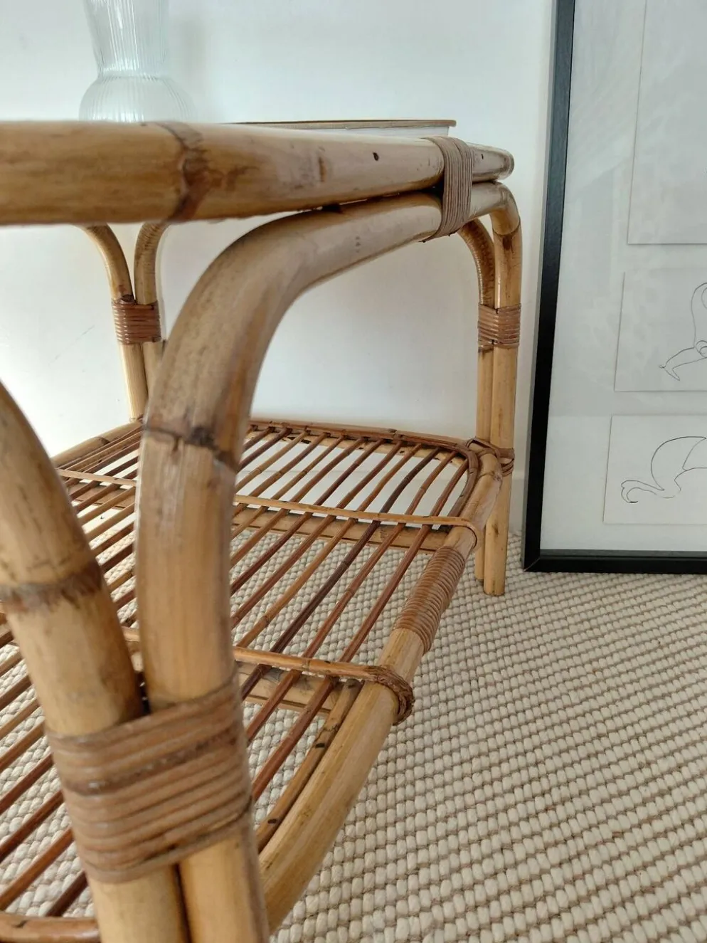 Table basse vintage rotin années 70s-lignes organiques, esprit Riviera