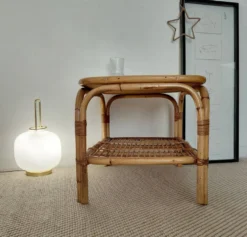 Table basse vintage rotin années 70s-lignes organiques, esprit Riviera