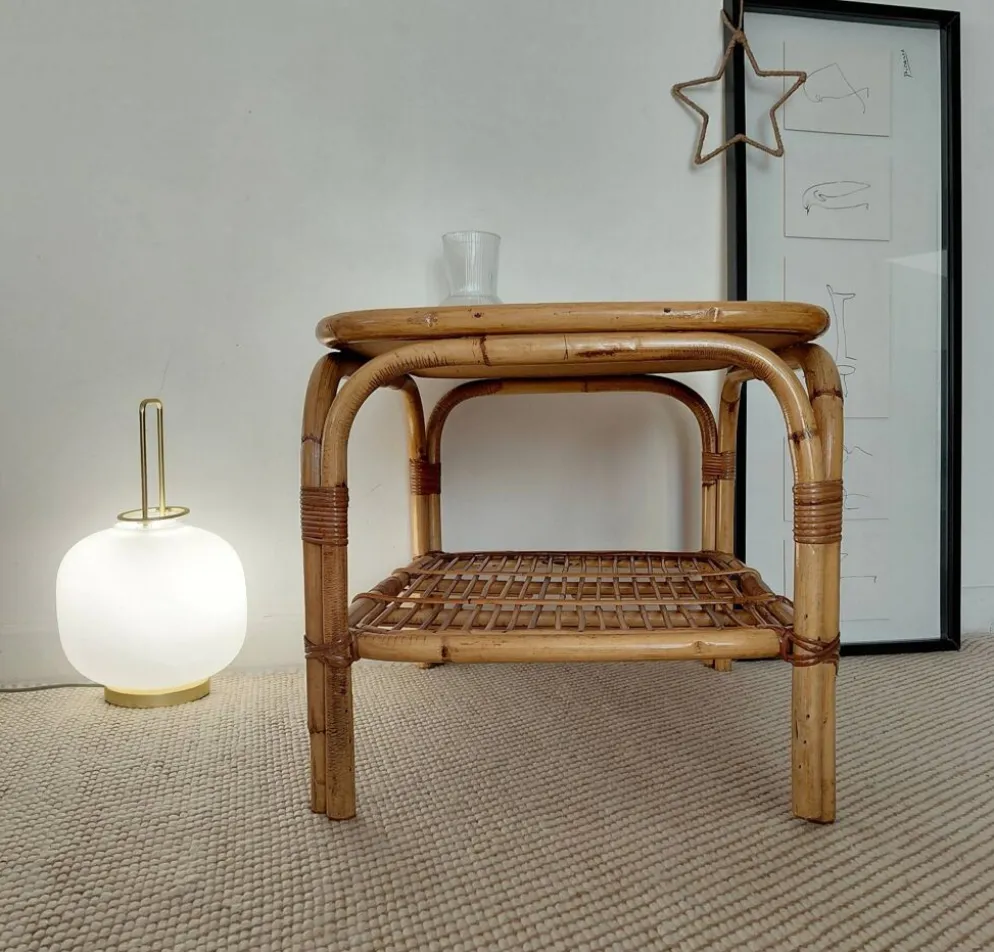 Table basse vintage rotin années 70s-lignes organiques, esprit Riviera
