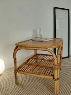 Table basse vintage rotin années 70s-lignes organiques, esprit Riviera