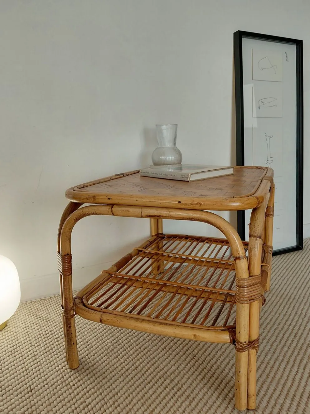 Table basse vintage rotin années 70s-lignes organiques, esprit Riviera
