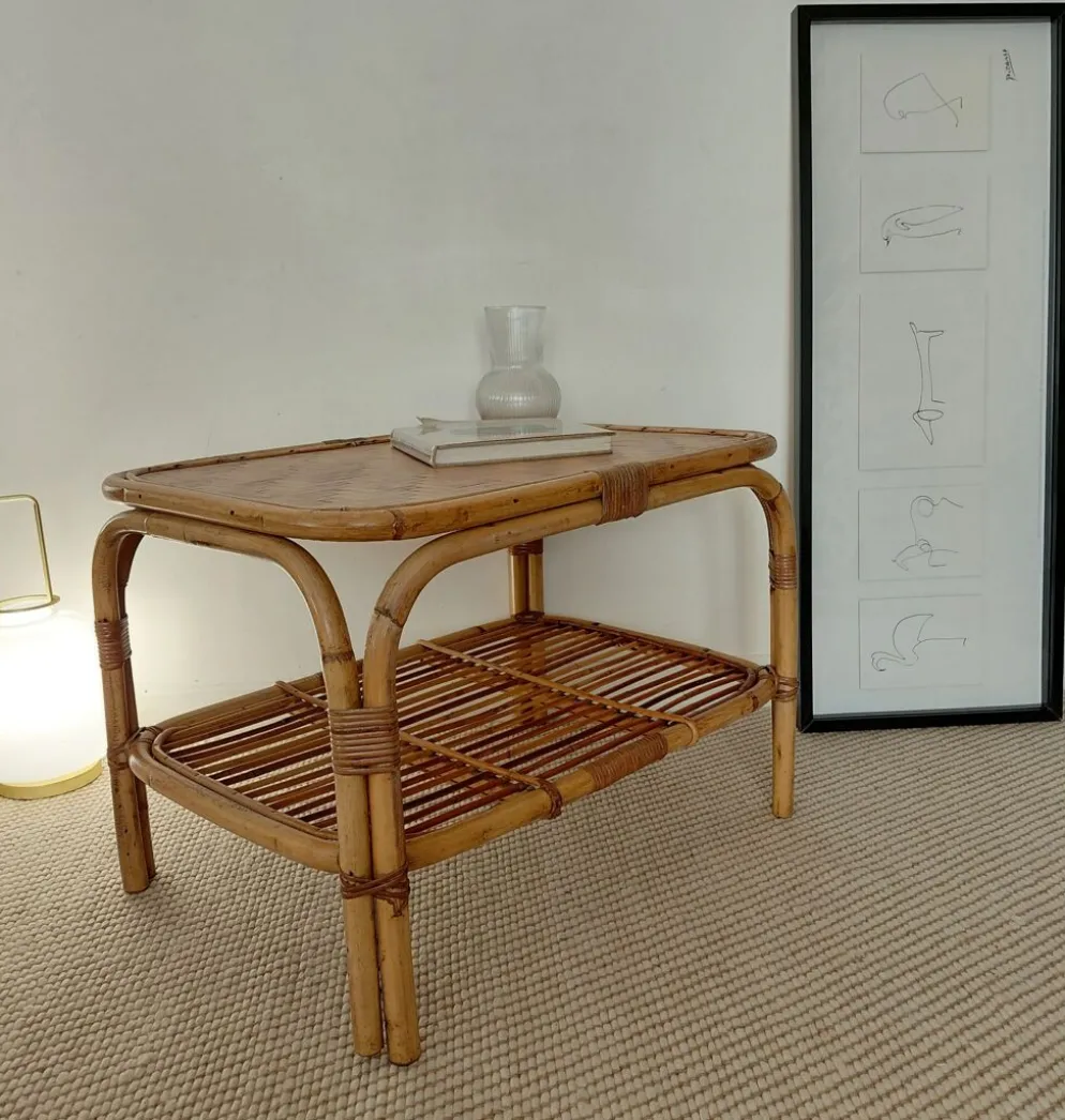 Table basse vintage rotin années 70s-lignes organiques, esprit Riviera