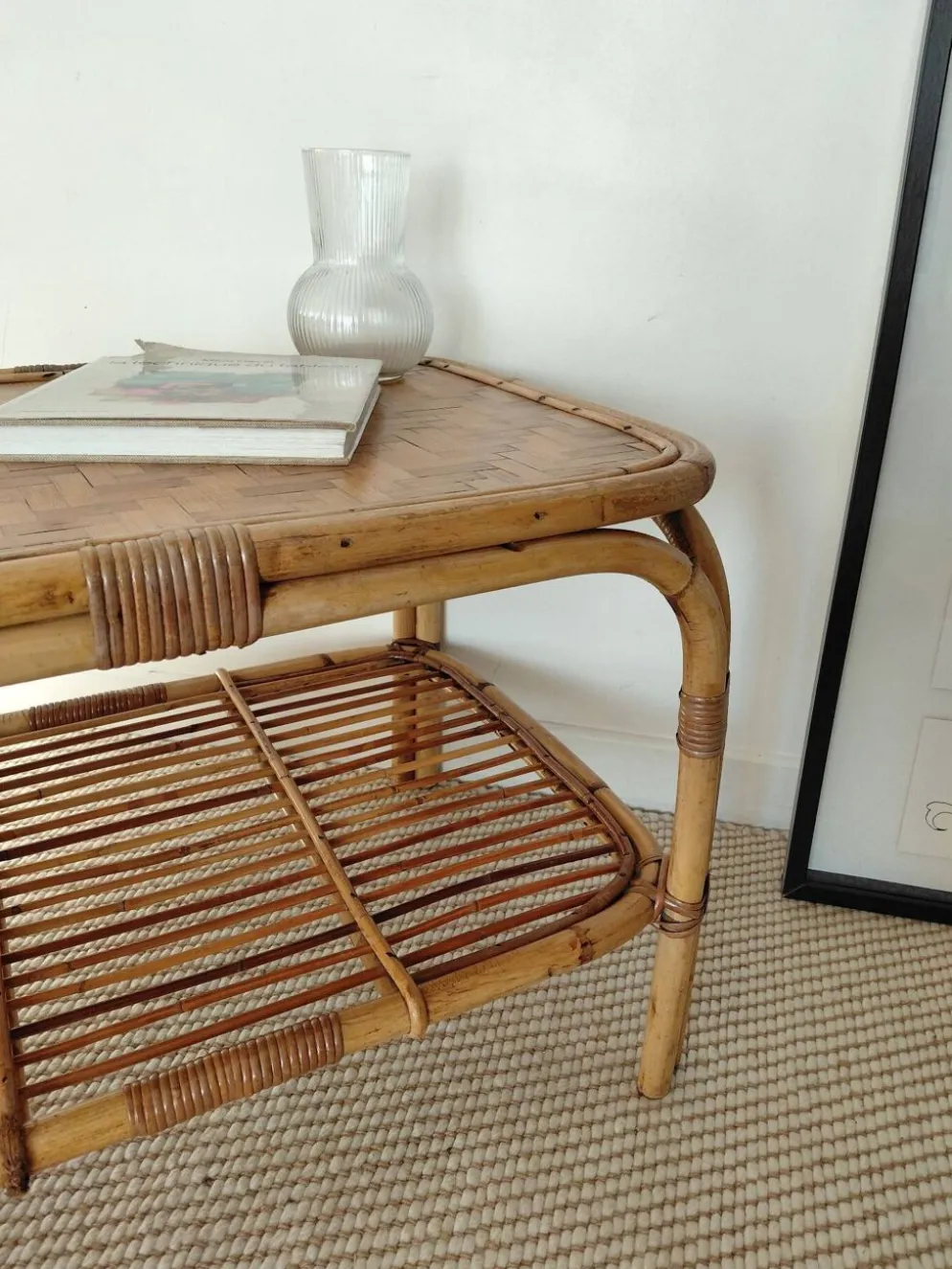 Table basse vintage rotin années 70s-lignes organiques, esprit Riviera