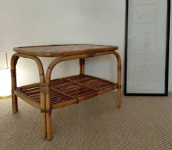 Table basse vintage rotin années 70s-lignes organiques, esprit Riviera
