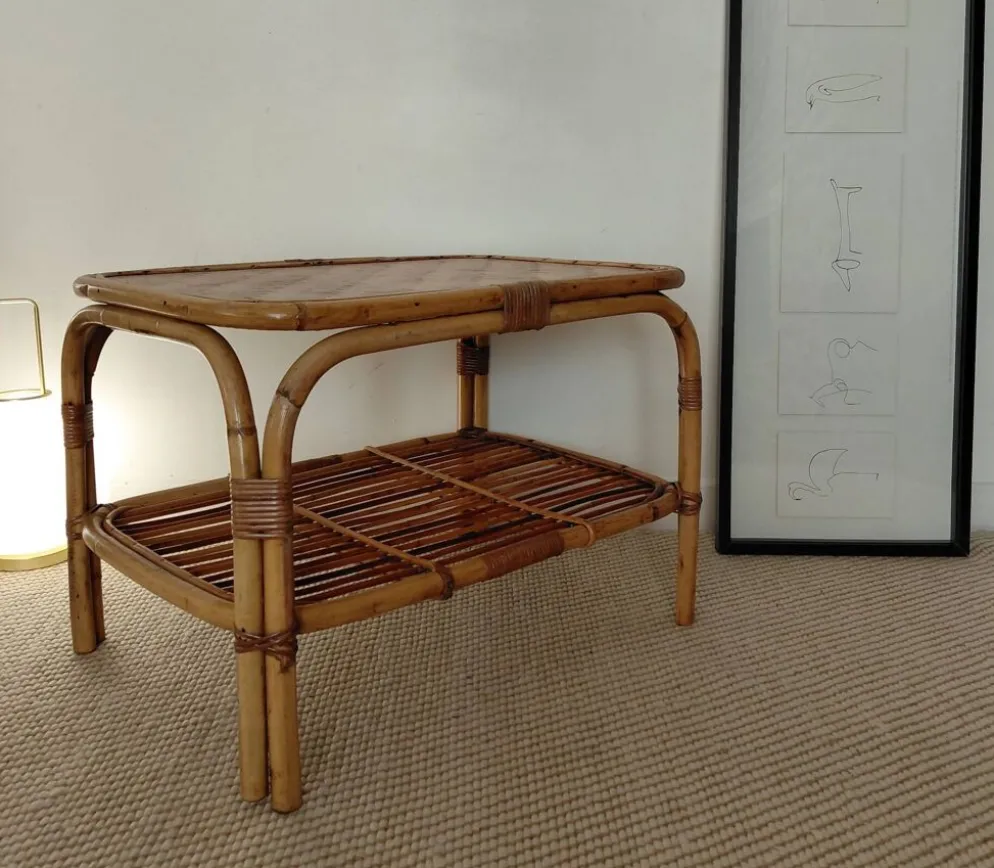 Table basse vintage rotin années 70s-lignes organiques, esprit Riviera